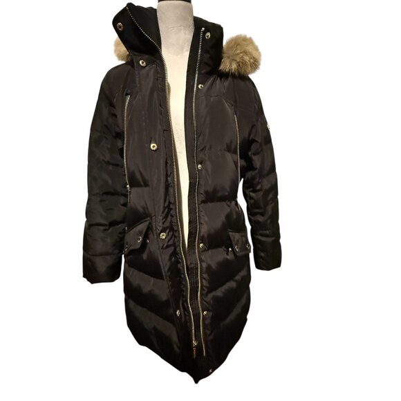 Michael Kors Puffer Coat Hooded Faux Fur Trim Down Black Size Large - Picture 4 of 16